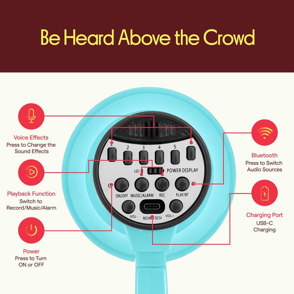 Be Heard Above the Crowd

Voice Effects
Press to Change the Sound Effects

Playback Function
Switch to Record/Music/Alarm

Power
Press to Turn ON or OFF

Bluetooth
Press to Switch Audio Sources

Charging Port
USB-C Charging