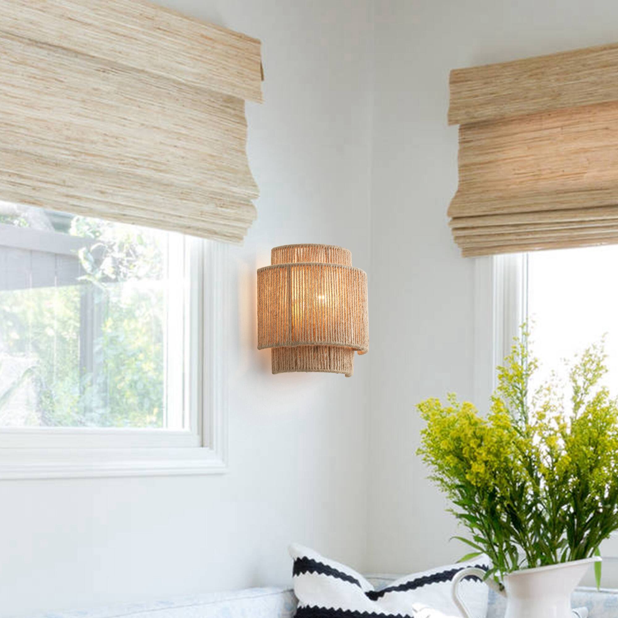 Angle. Parrot Uncle - 1-Light Farmhouse Rattan Wall Sconce, Rustic Hemp Rope & Metal Cage Wall Lamp for Bedroom, Hallway, and Entryway - Brown.