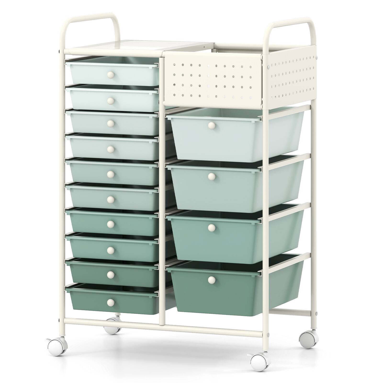Costway - 14-Drawer Art & Craft Storage Carts with Pegboard, 2 Locking Brakes, Metal Frame for Home - Gradient Green+White price history on PriceWatchPro