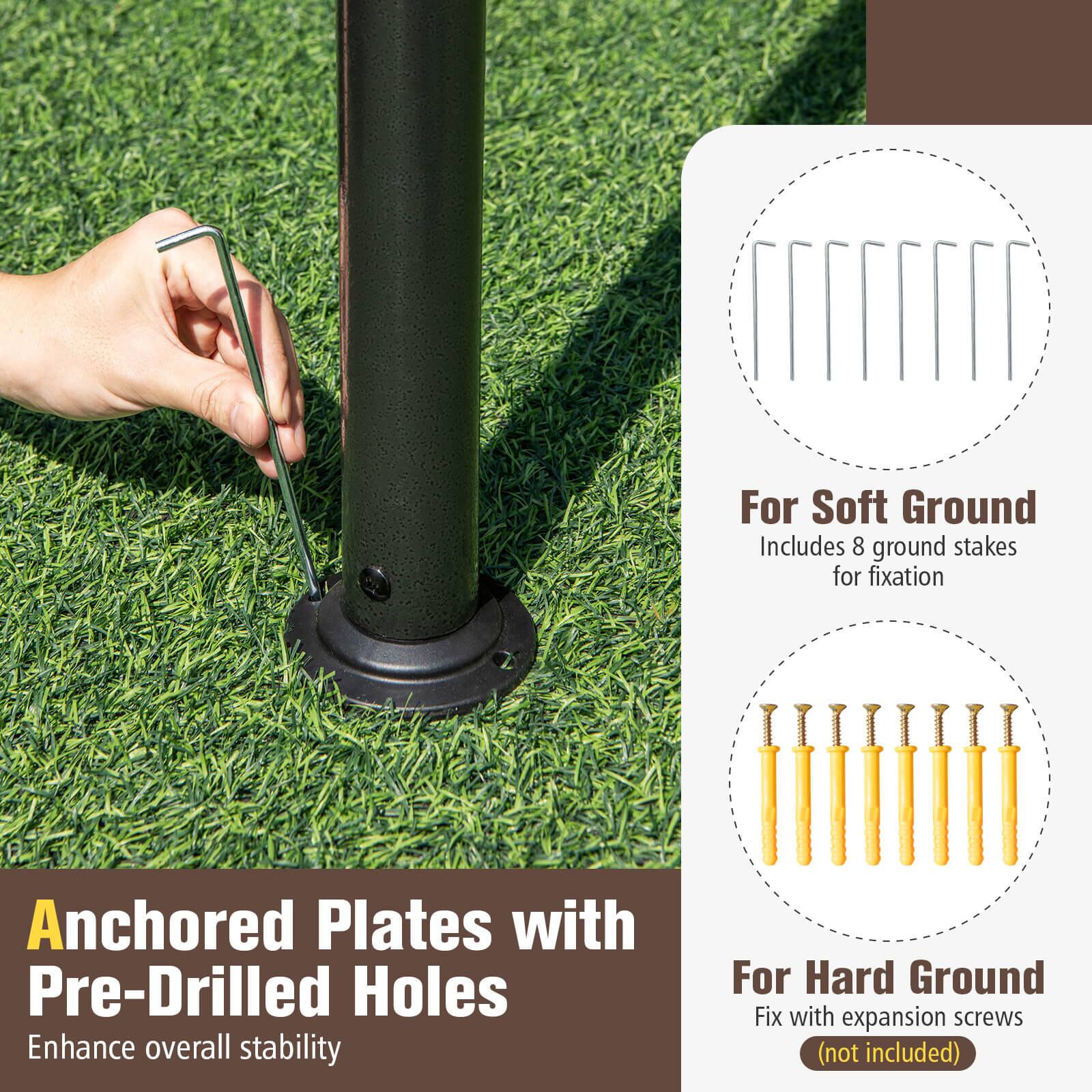 For Soft Ground  
Includes 8 ground stakes for fixation  

Anchored Plates with Pre-Drilled Holes  
Enhance overall stability  

For Hard Ground  
Fix with expansion screws (not included)