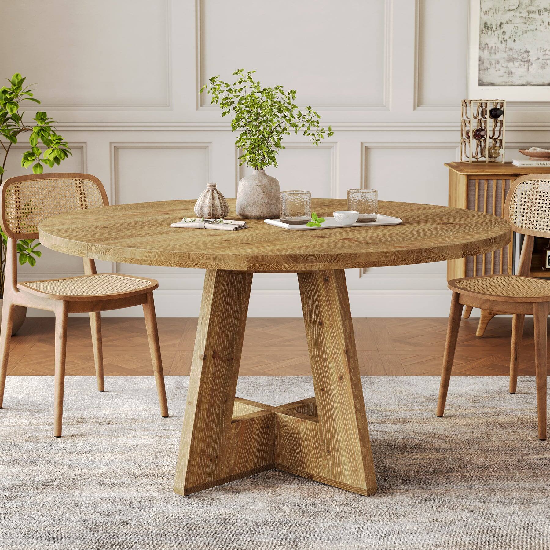 Angle. Tribesigns - Farmhouse Solid Wood Dining Table with Round Top for Everyday Meals and Family Gatherings - Brown.
