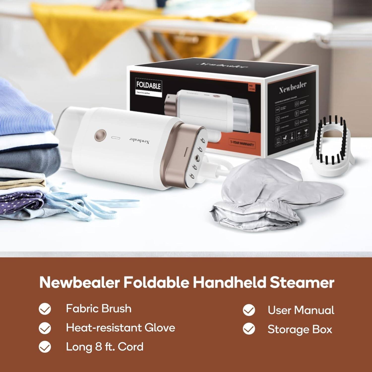 Newbealer Foldable Handheld Steamer, Fabric Brush, Heat-resistant Glove, Long 8 ft. Cord, User Manual, Storage Box
