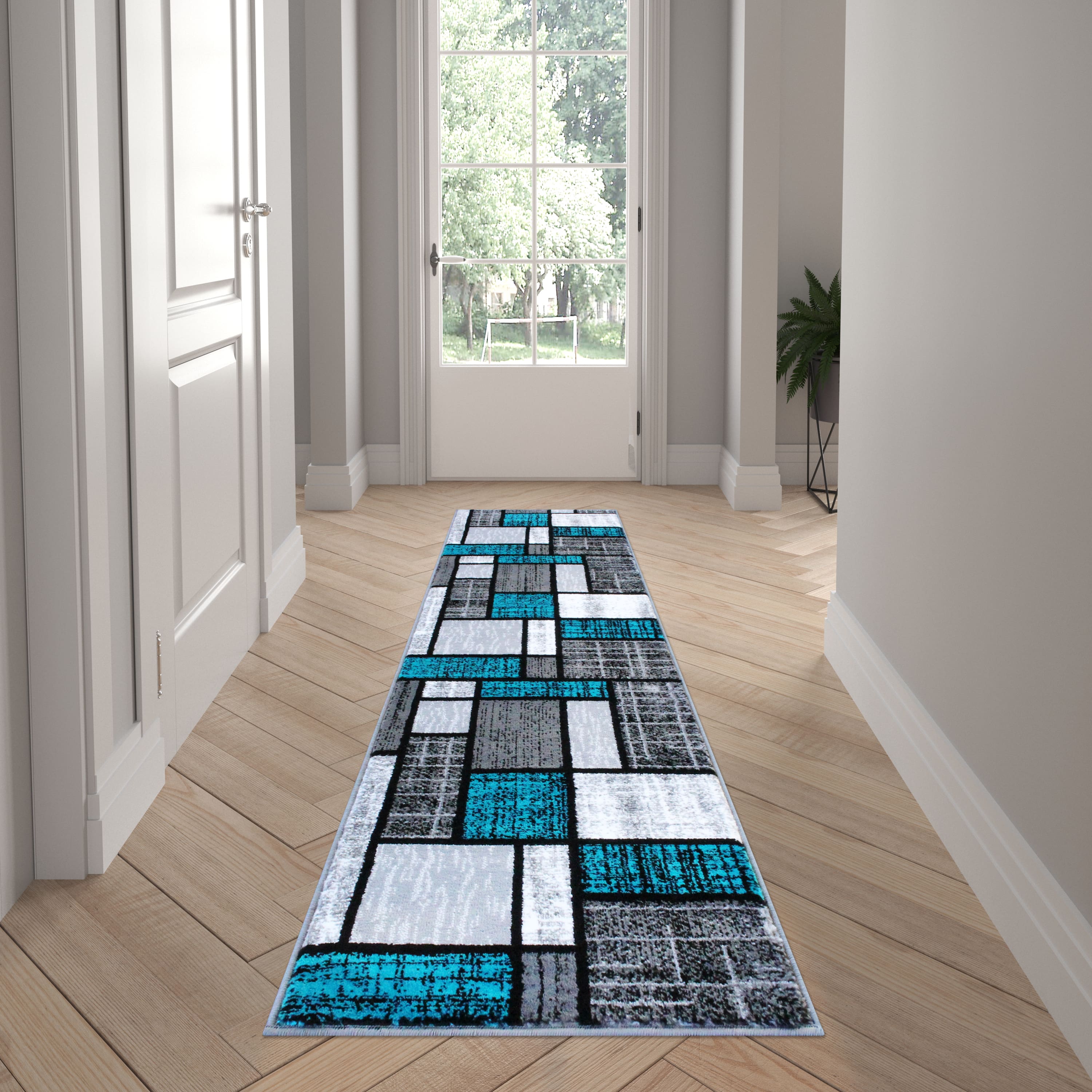 Emma + Oliver - Livia Accent Rug with Geometric Mosaic Design with Natural Jute Backing - Turquoise