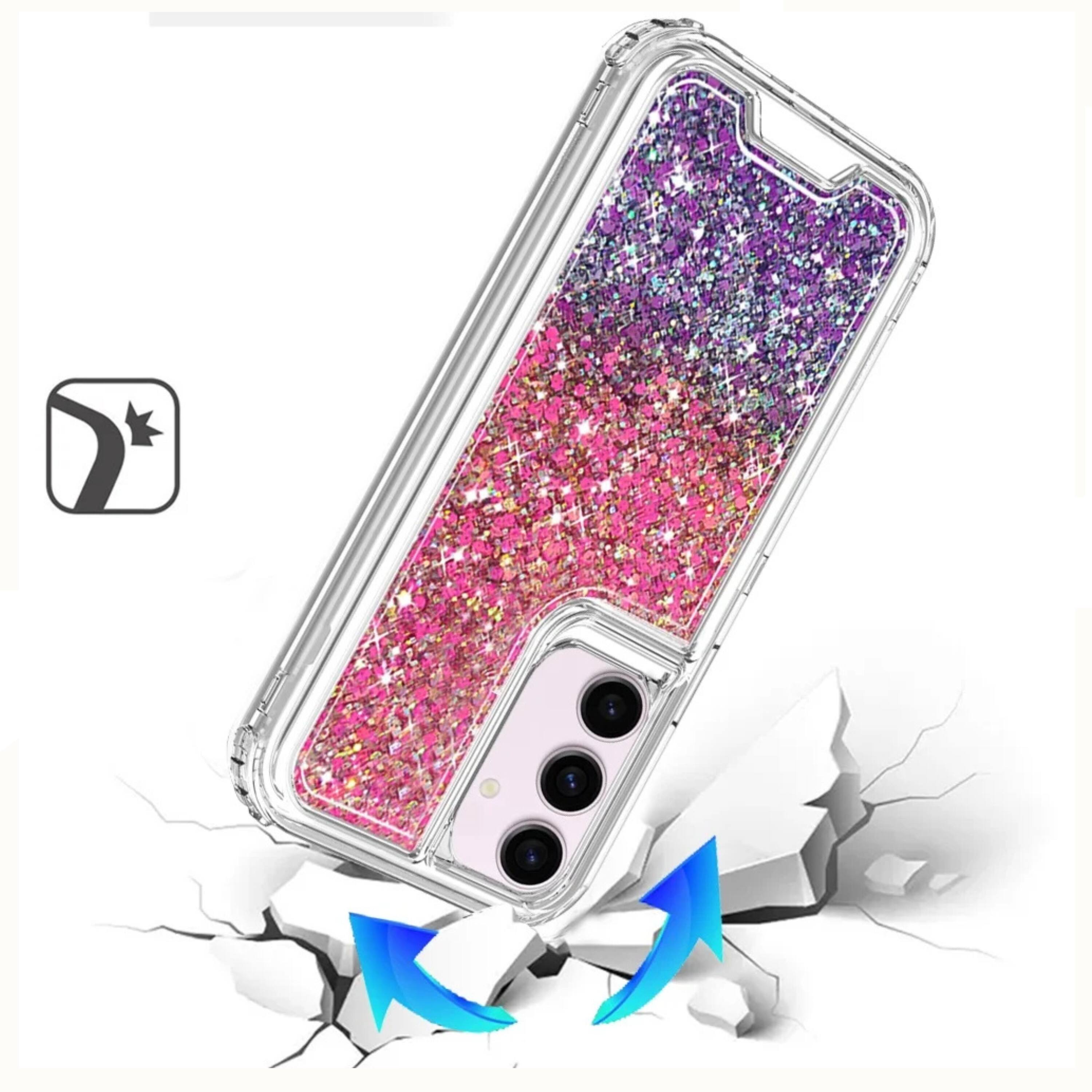 Angle. Kitcheniva - Shockproof Epoxy Glitter Protective Cover With Tempered Glass For Samsung S25 S24 Hot Pink Purple - Pink Purple.