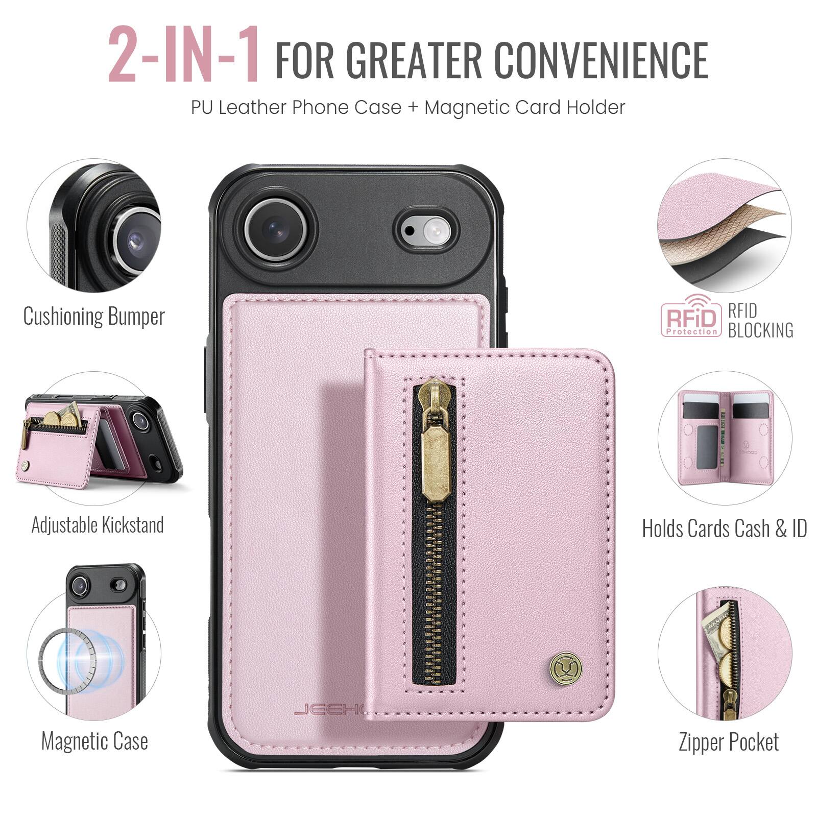2-IN-1 FOR GREATER CONVENIENCE  
PU Leather Phone Case + Magnetic Card Holder  

- Cushioning Bumper  
- Adjustable Kickstand  
- Magnetic Case  
- RFID Protection BLOCKING  
- Holds Cards Cash & ID  
- Zipper Pocket