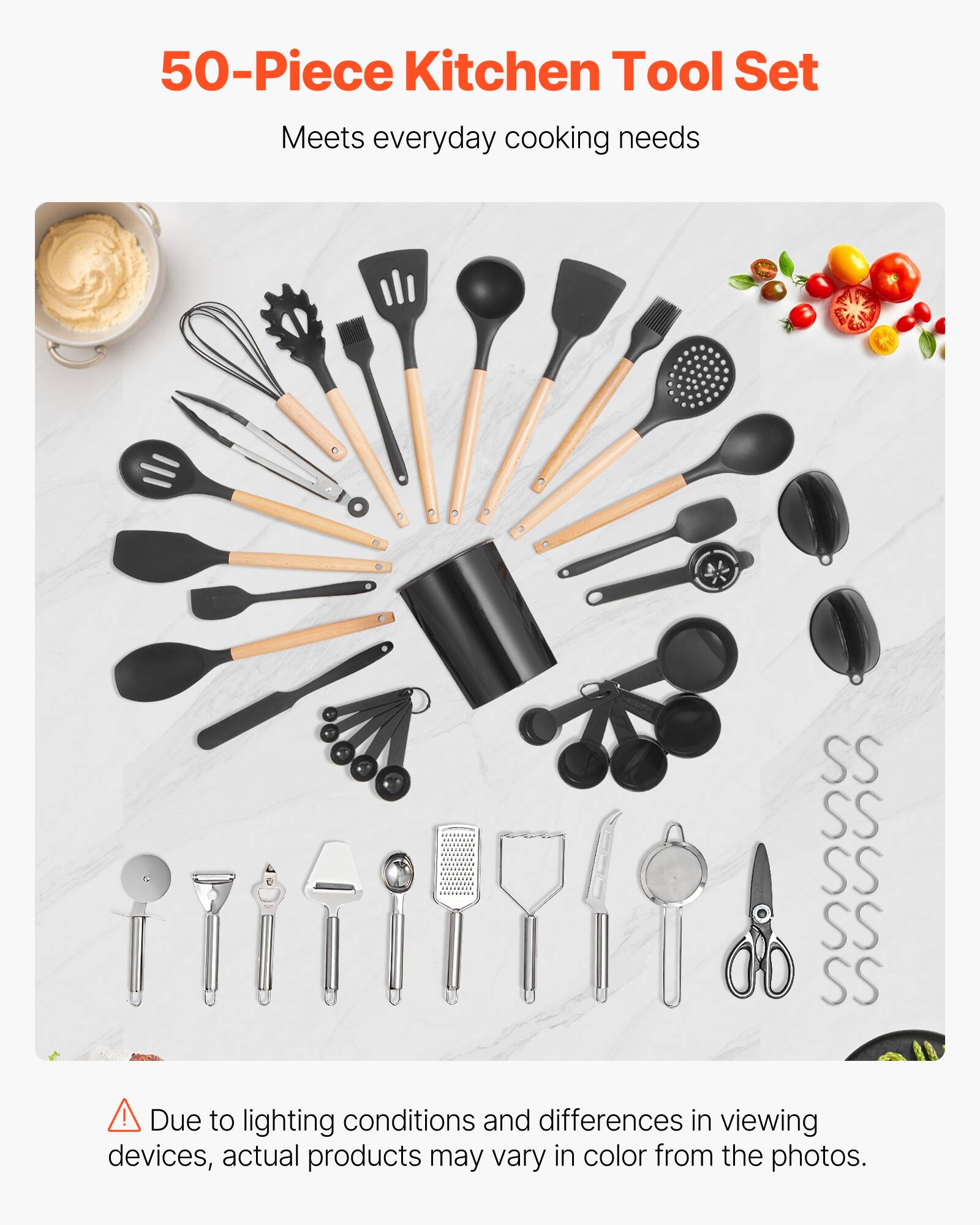 50-Piece Kitchen Tool Set  
Meets everyday cooking needs  

Due to lighting conditions and differences in viewing devices, actual products may vary in color from the photos.