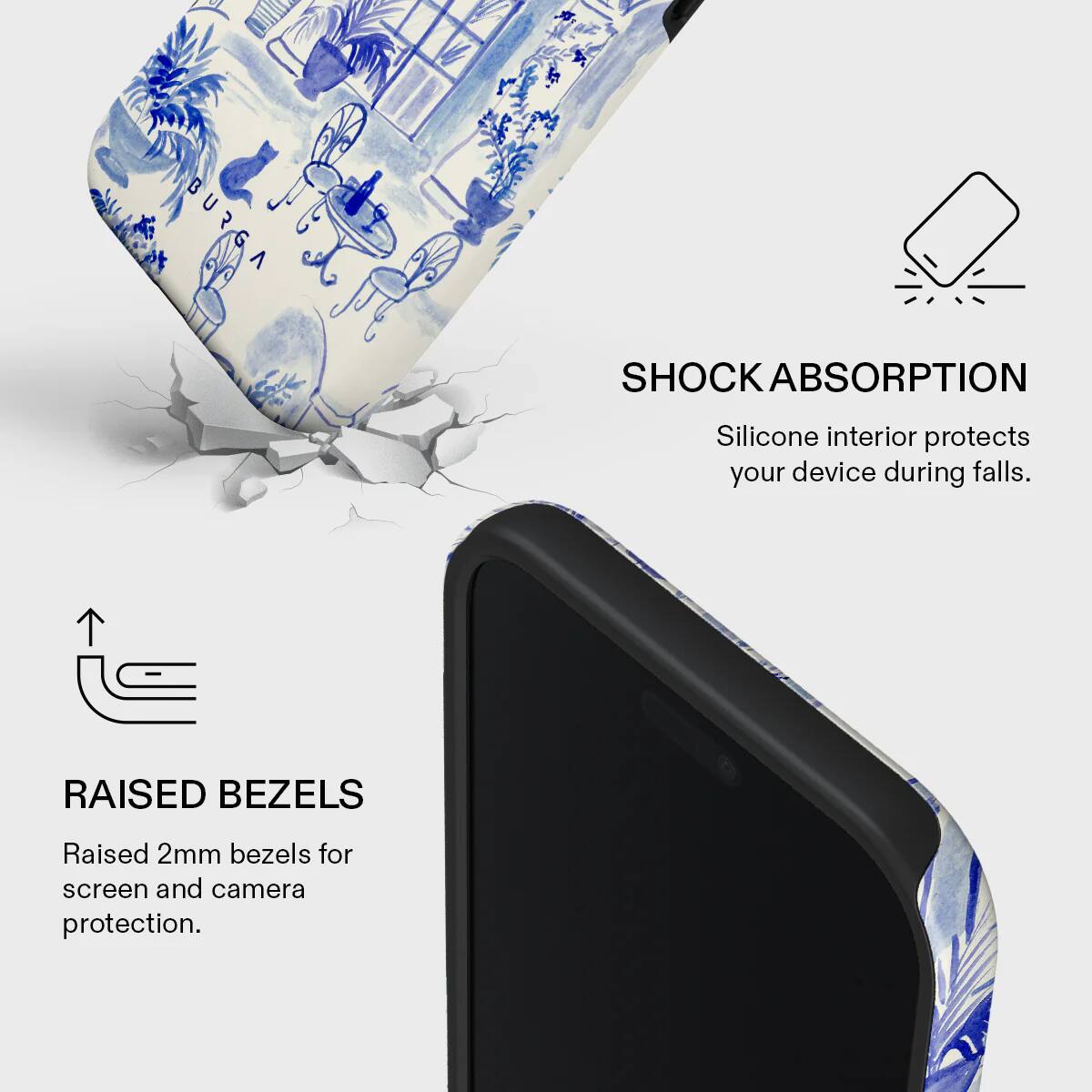 SHOCK ABSORPTION  
Silicone interior protects your device during falls.  

RAISED BEZELS  
Raised 2mm bezels for screen and camera protection.