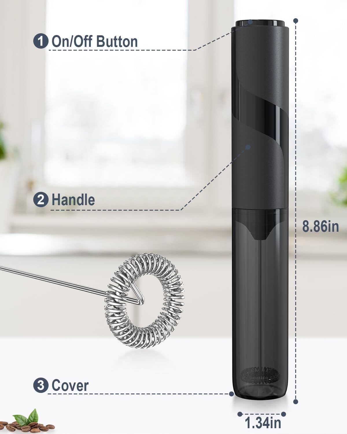 1. On/Off Button  
2. Handle  
3. Cover  

8.86in  
1.34in