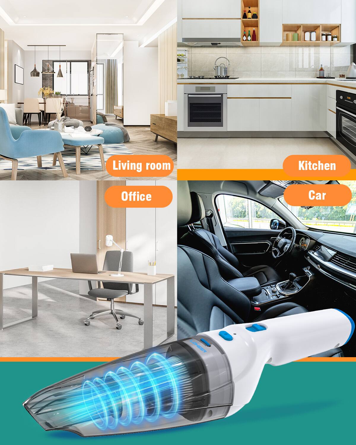 - Living room
- Kitchen
- Office
- Car