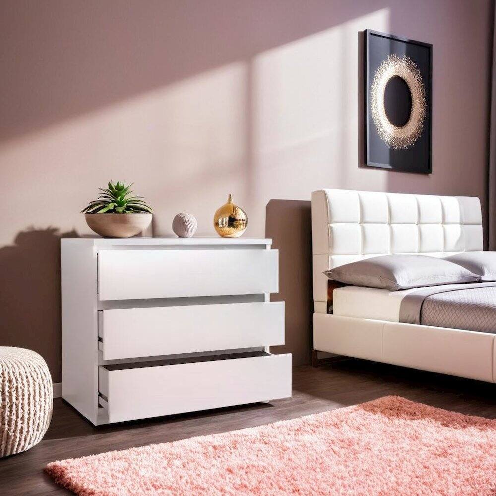 Alt View 2. FurniFact - White 3 Drawer Dresser – Modern 3 Drawer Dresser for Bedroom, Closet, or Entryway – Sleek and Functional Three Drawer - White High Gloss, White High Gloss.