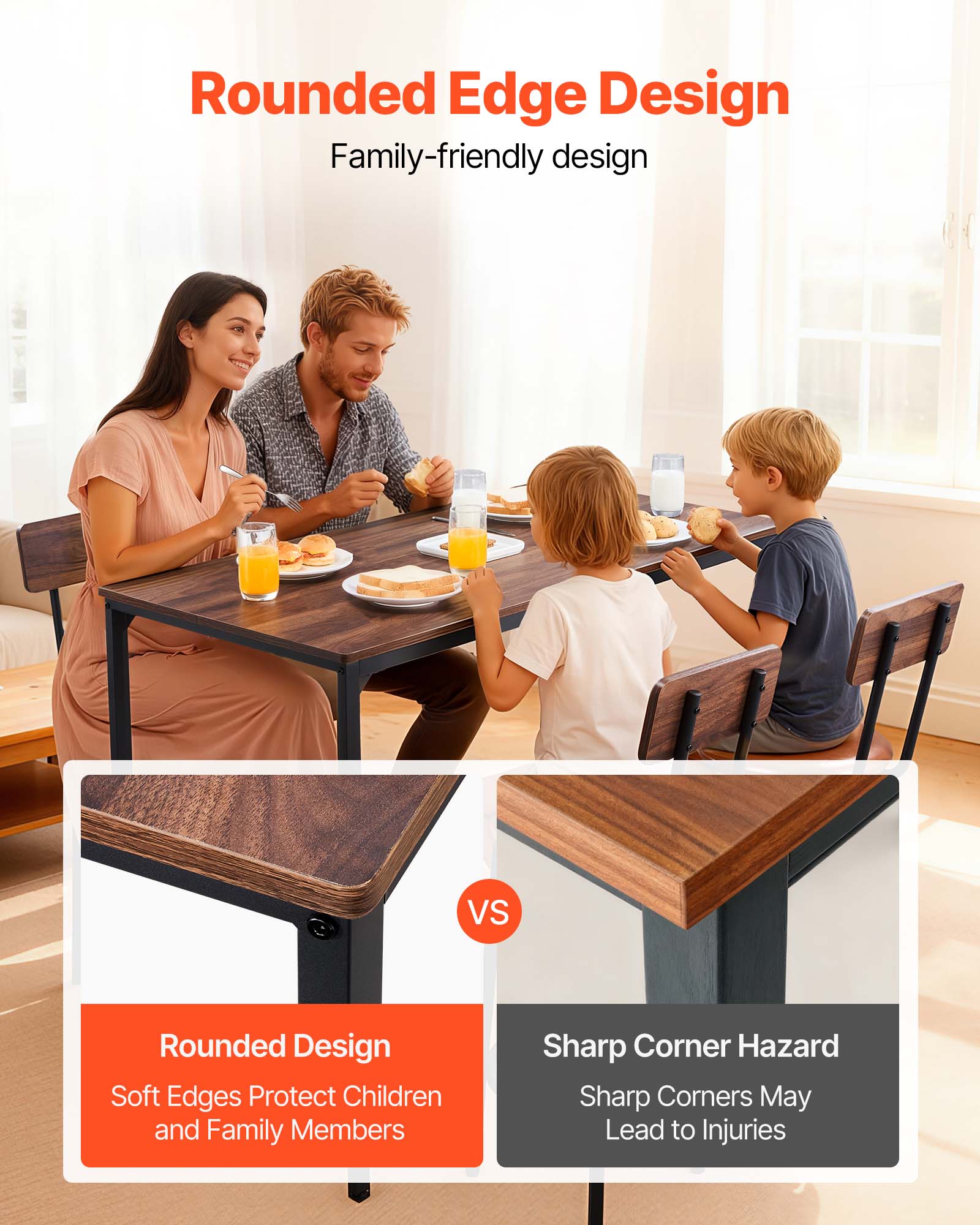Rounded Edge Design  
Family-friendly design  

Rounded Design  
Soft Edges Protect Children and Family Members  

VS  

Sharp Corner Hazard  
Sharp Corners May Lead to Injuries