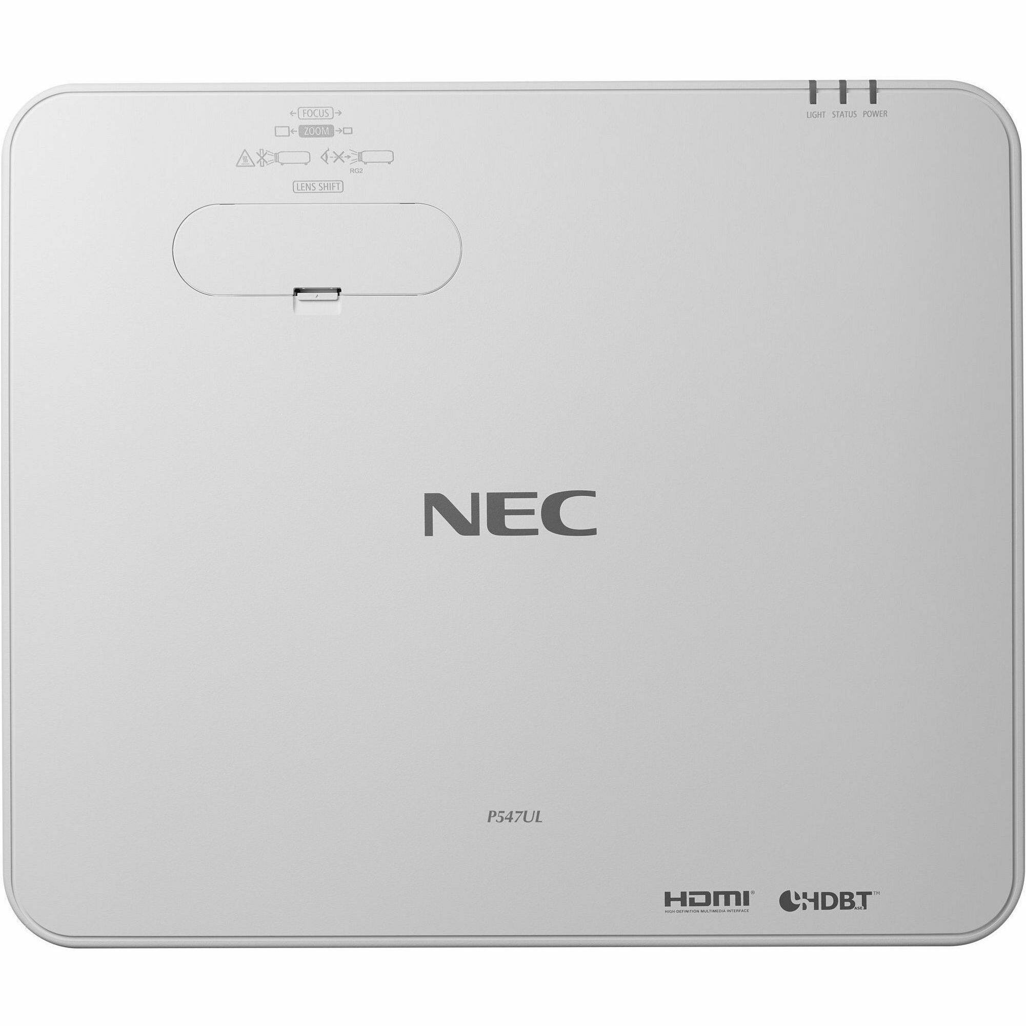 - FOCUS
- ZOOM
- LENS SHIFT
- LIGHT STATUS POWER
- NEC P547UL
- HDMI
- HDBT