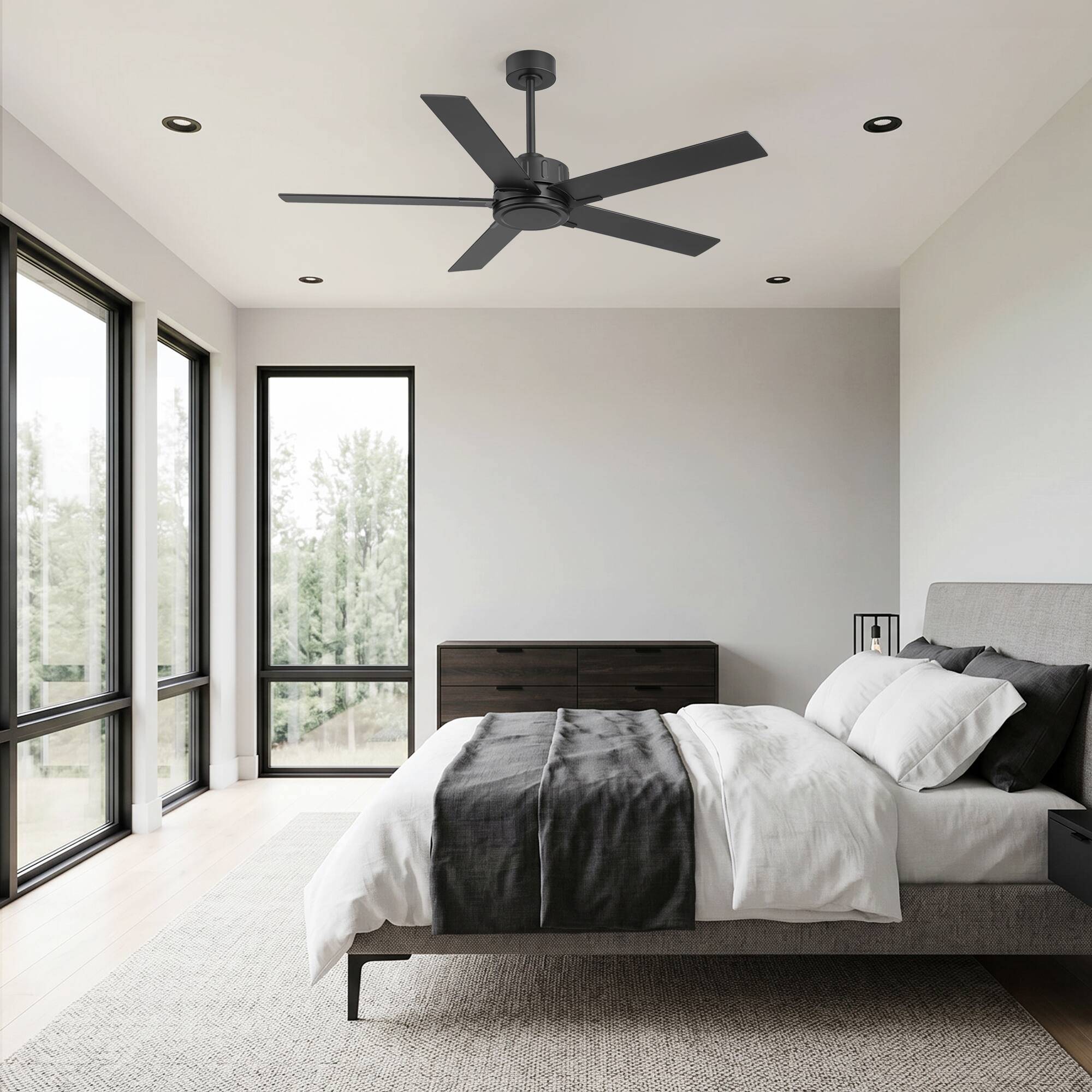 Alt View 5. Breezary - 56-In Indoor Ceiling Fan, 5 Plywood Blades, 6-Speed DC Motor, Remote Control, Timer, 5"/10" Downrods - 56-inch Black.