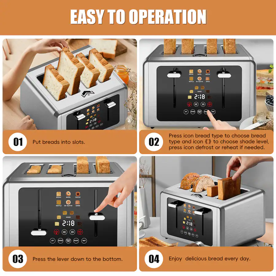 Toaster Off WUNLY Touch screen Toaster 4 slice,Stainless Steel Digital Timer ...