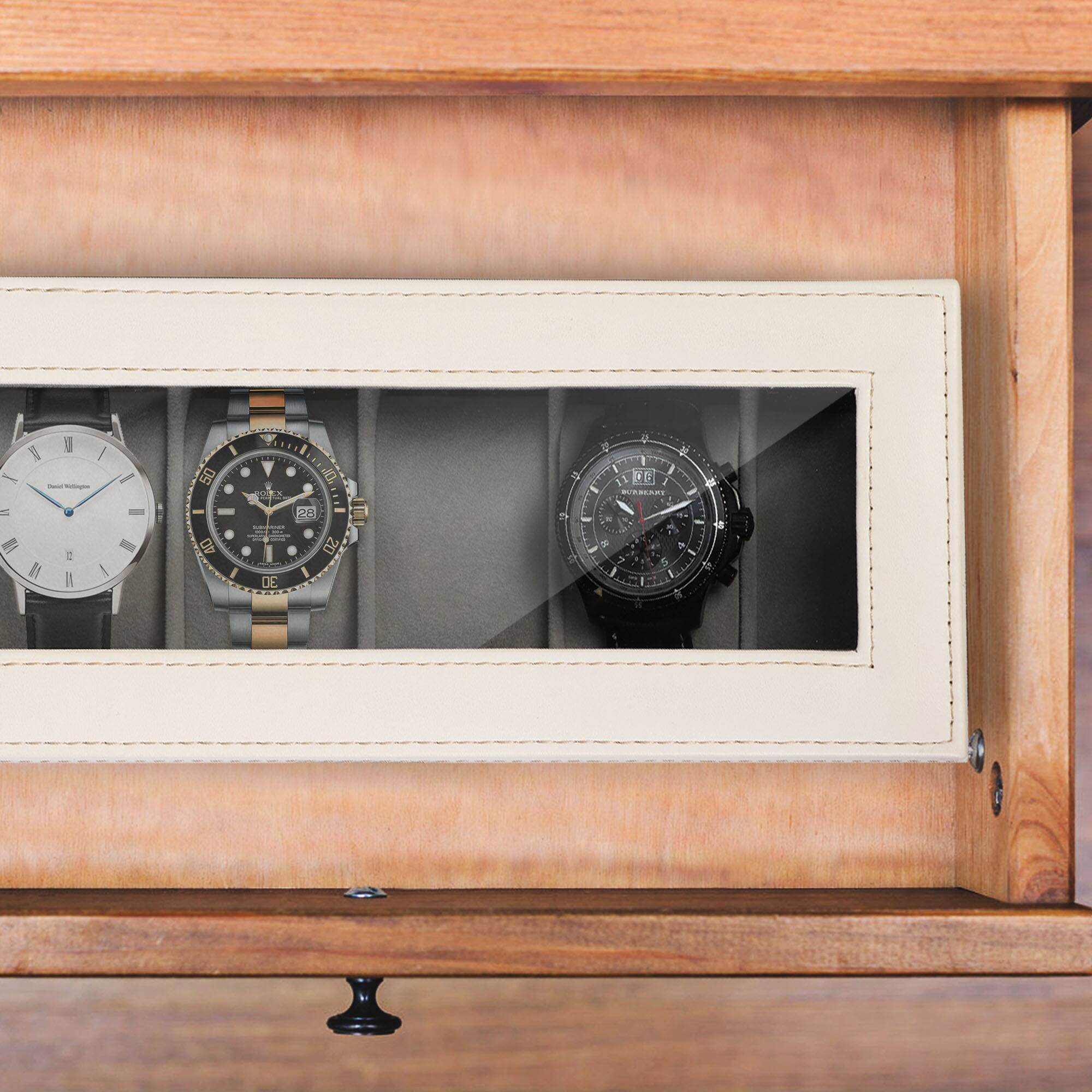 Angle. Oumilen - Watch Storage Box with Lock, Clear Top Display Watch Case with Removable Velvet Pillows - White.
