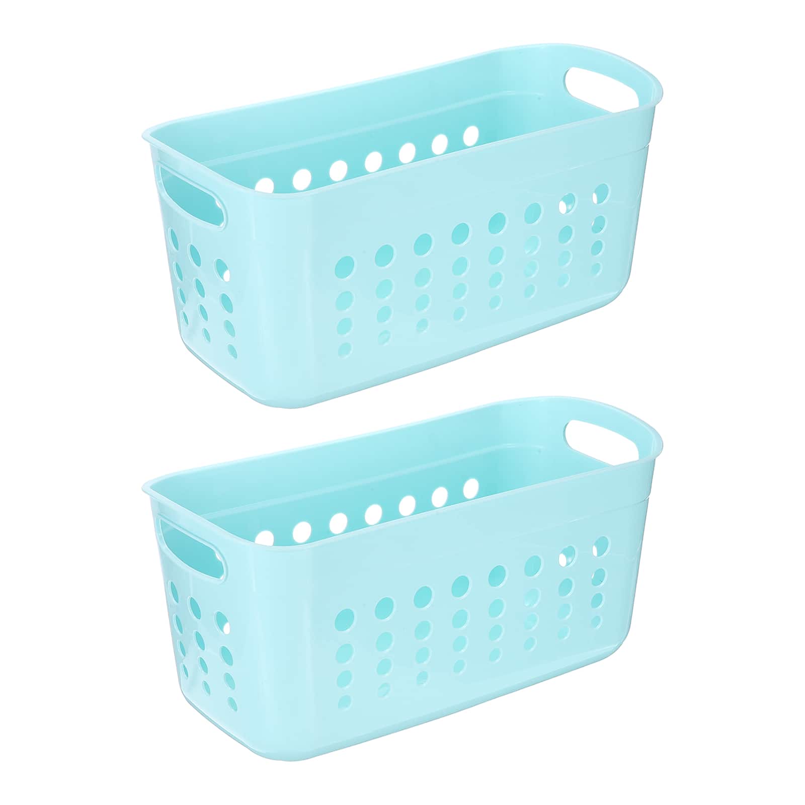 Unique Bargains - 2pcs Pantry Plastic Storage Baskets, 15.55x7.87x7.6", Stackable Organizer with Handle, for Shelves Bathroomss Closet - Blue