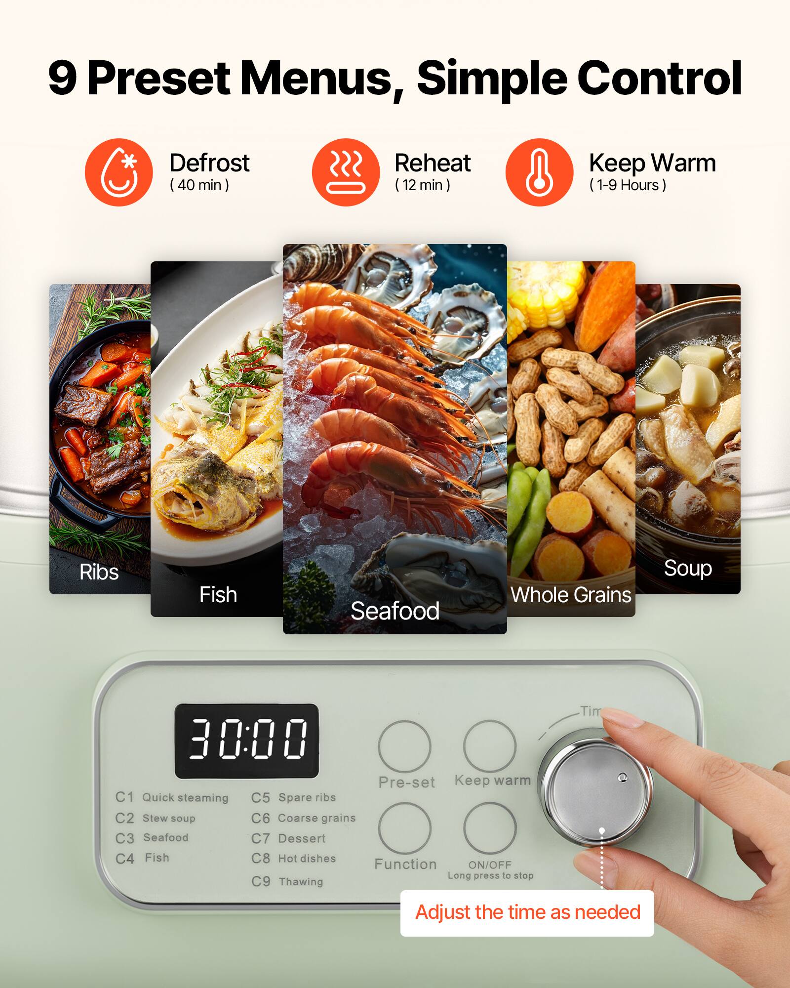 9 Preset Menus, Simple Control

- Defrost (40 min)
- Reheat (12 min)
- Keep Warm (1-9 Hours)

Preset Menus:
- Ribs
- Fish
- Seafood
- Soup
- Whole Grains

Pre-set Options:
- C1 Quick steaming
- C2 Stew soup
- C3 Seafood
- C4 Fish
- C5 Spare ribs
- C6 Coarse grains
- C7 Dessert
- C8 Hot dishes
- C9 Thawing

Function: ON/OFF (Long press to stop)

Adjust the time as needed