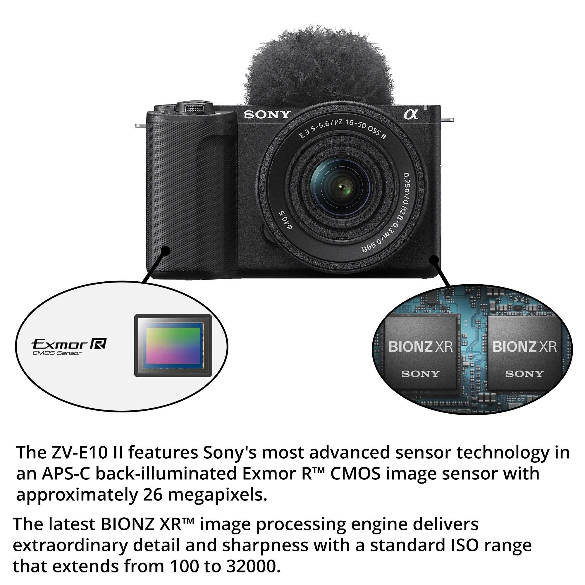 The ZV-E10 II features Sony's most advanced sensor technology in an APS-C back-illuminated Exmor R™ CMOS image sensor with approximately 26 megapixels. The latest BIONZ XR™ image processing engine delivers extraordinary detail and sharpness with a standard ISO range that extends from 100 to 32000.