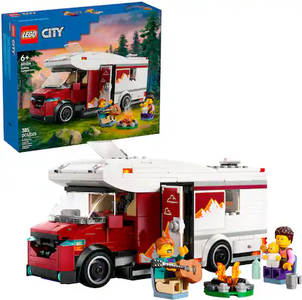 LEGO City 6+ 60454 Holiday Camper set includes 385 pieces and features a red and white camper with a guitar-playing figure. The set is designed for children aged 6 and up.
