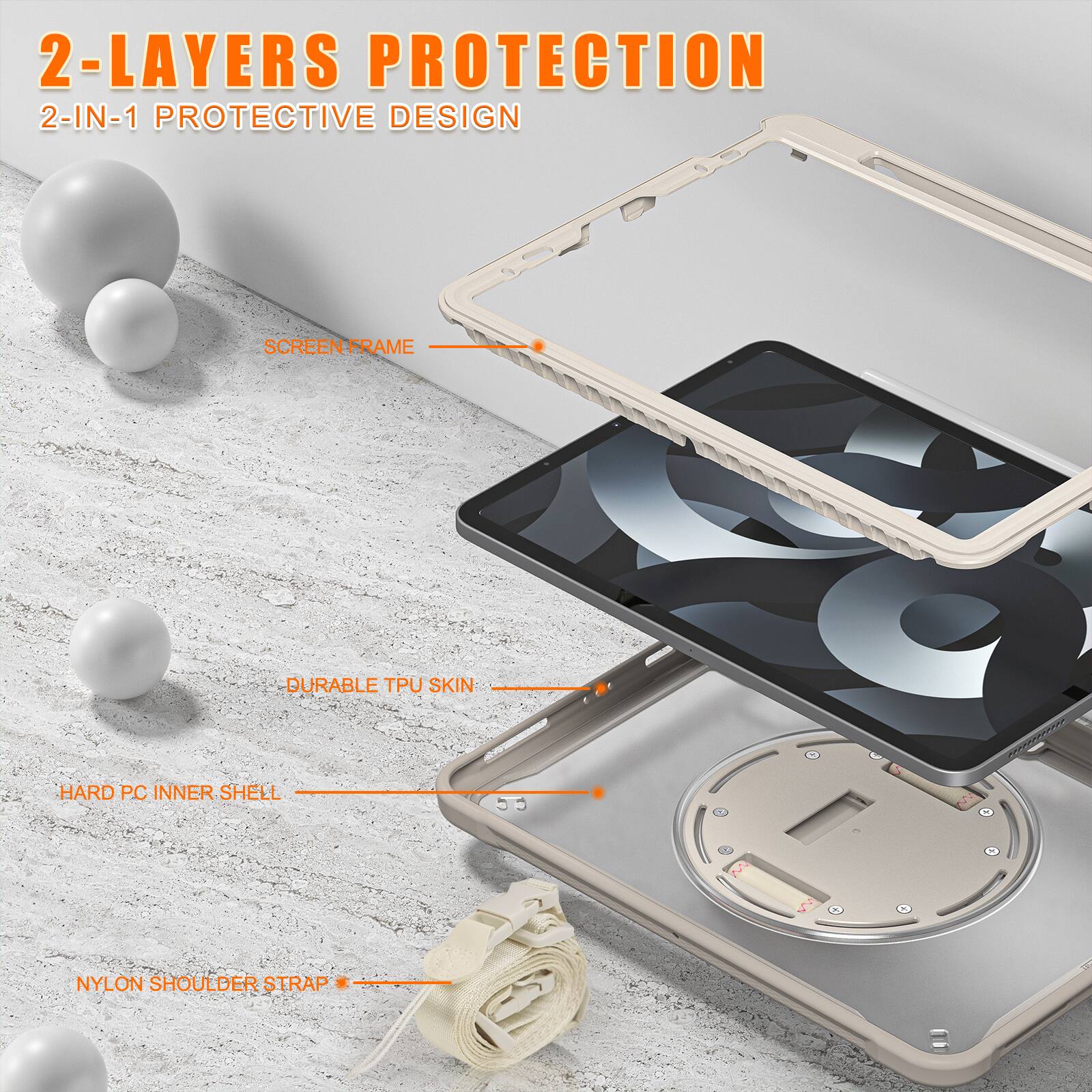 2-LAYERS PROTECTION  
2-IN-1 PROTECTIVE DESIGN  
SCREEN FRAME  
DURABLE TPU SKIN  
HARD PC INNER SHELL  
NYLON SHOULDER STRAP