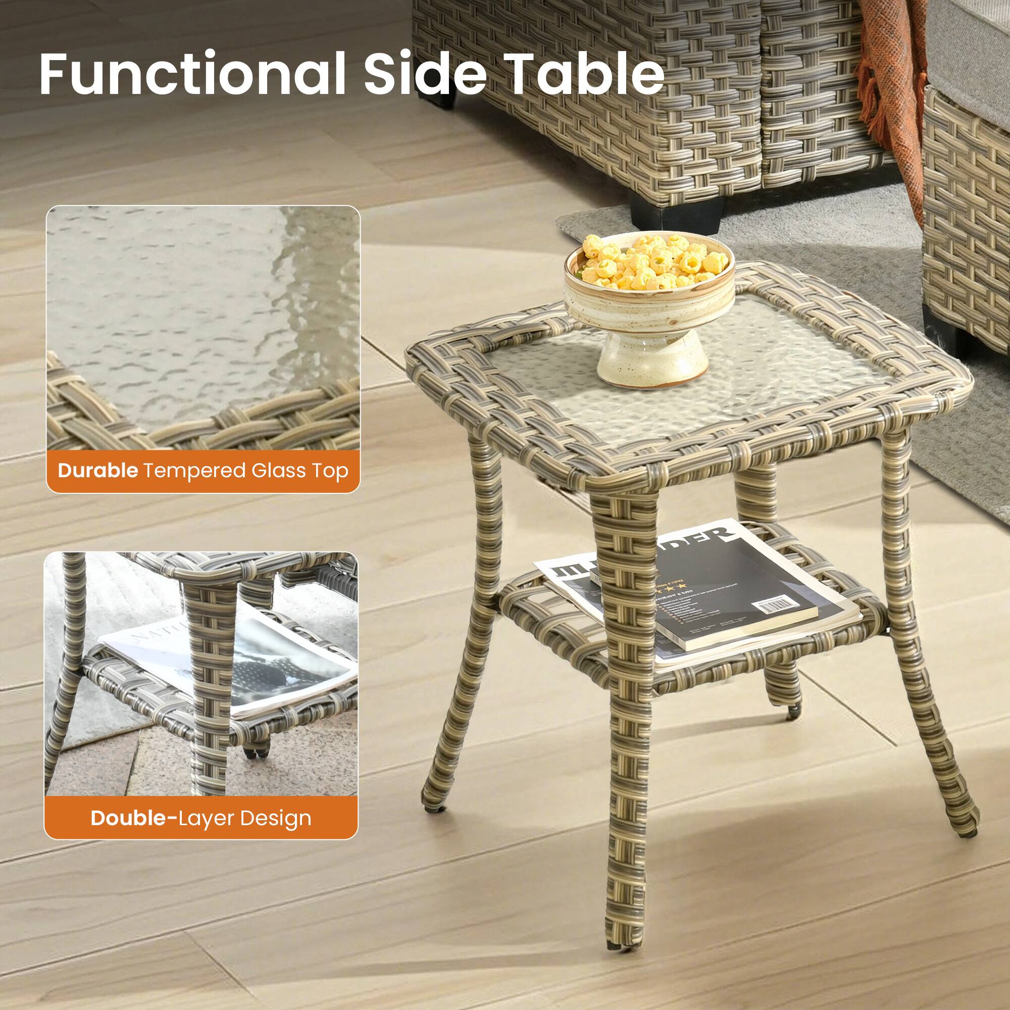 Functional Side Table  
Durable Tempered Glass Top  
Double-Layer Design