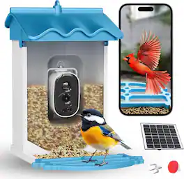 Luckbyte - Smart Solar Bird Feeder with 4K Camera AI Recognition Night Vision App Alerts 67 Fl.Oz Capacity - Blue