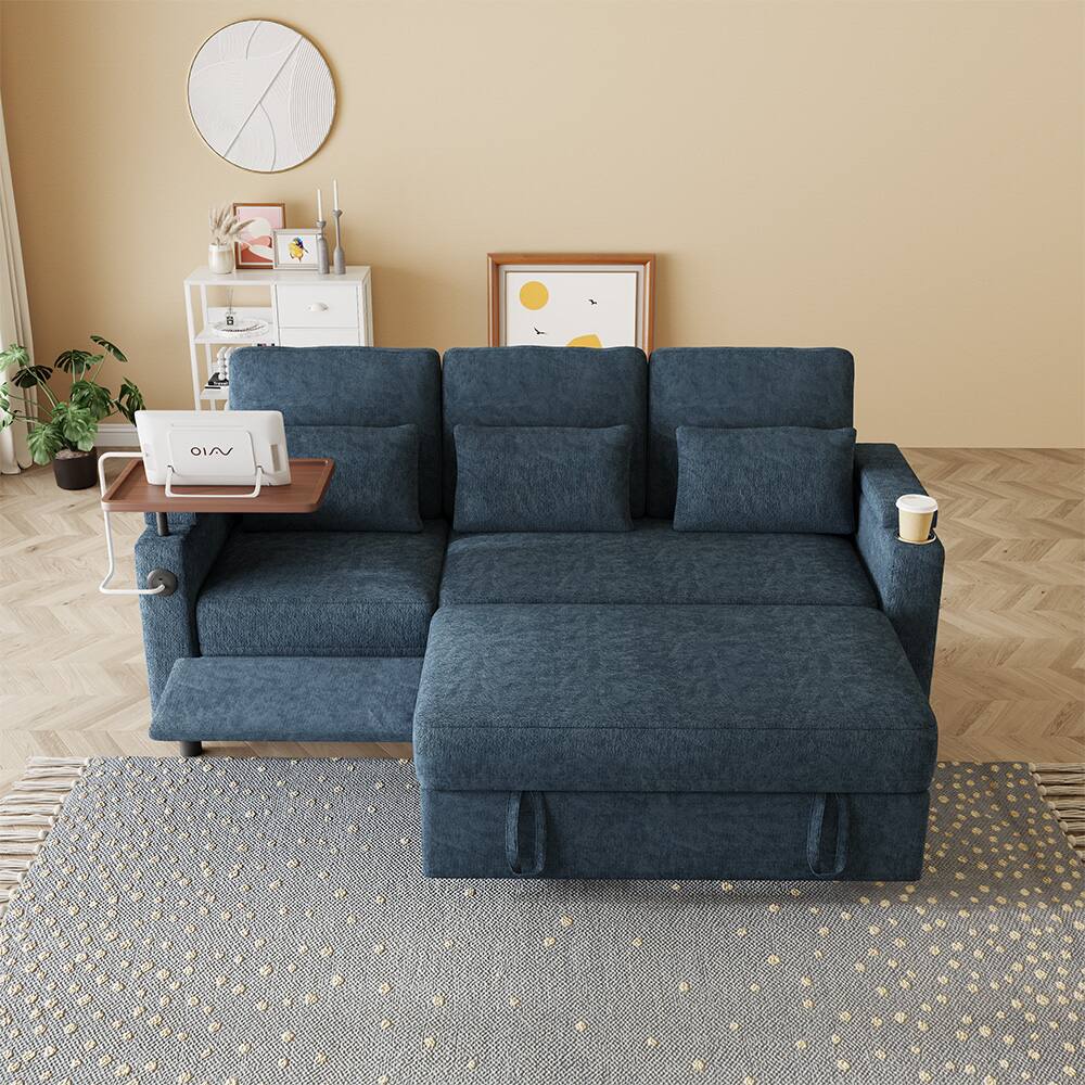 Angle. Anysun - 83" Chenille Fabric Foldable Sofa Bed with Electric Recliner, Adjustable Backrest, Table Board, Armrest Storage - Blue.
