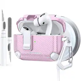 Dteck - Case for Airpods Pro 2nd Gen (2022) with Magnetic Lock,Compatible with Mag Safe,Carbon Fiber Texture Cover + Carabiner - Whitepink