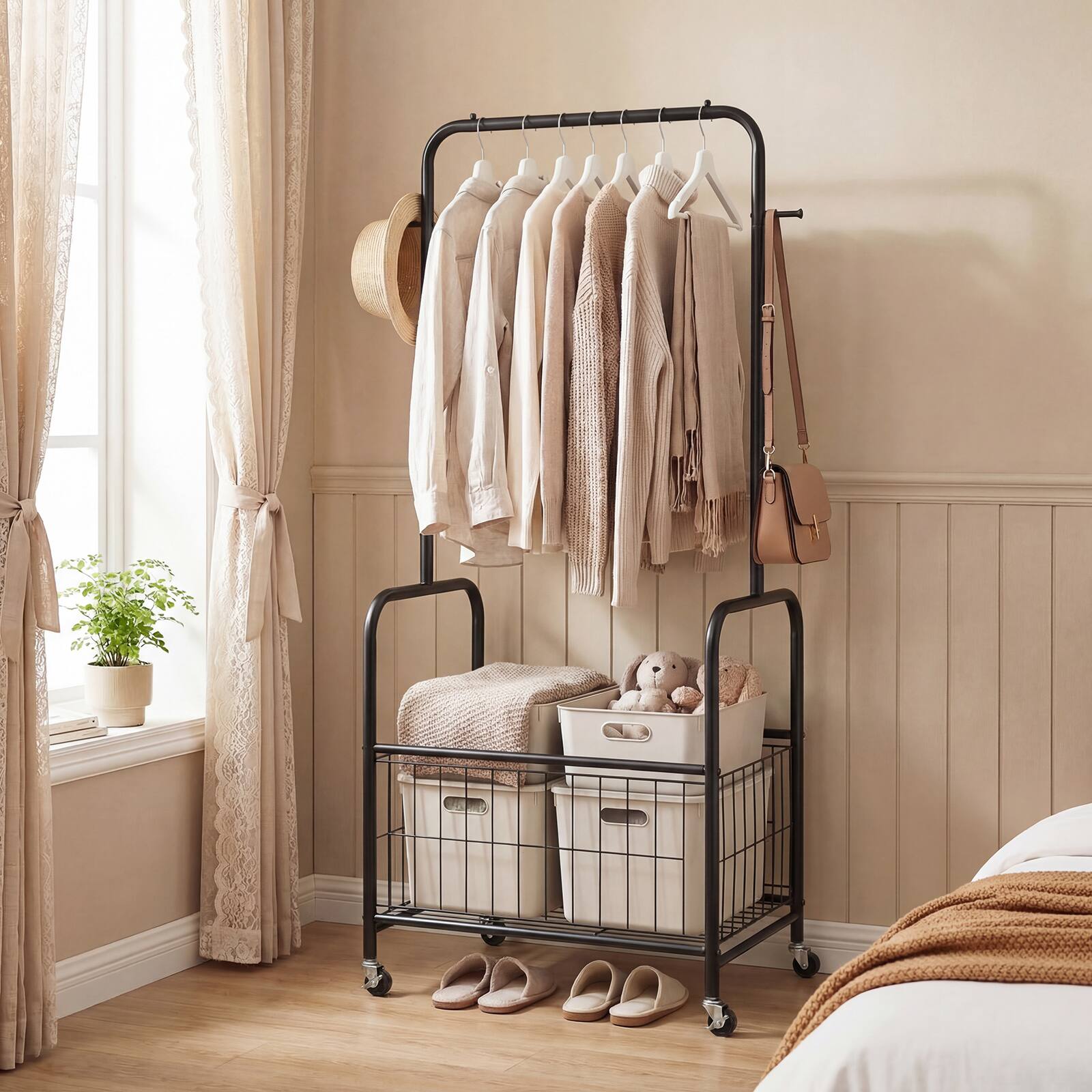 Alt View 1. Gymax - Gymax Rolling Clothes Rack w/Hanging Rod Side Hooks Storage Basket Lockable Wheels Black - Black.