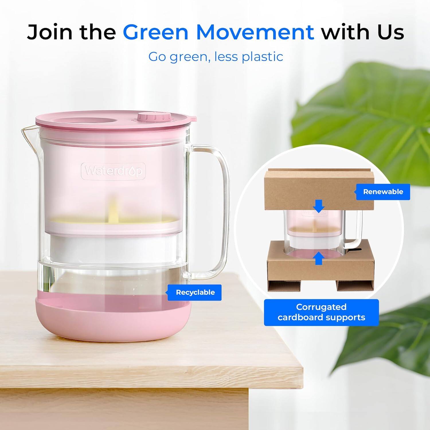 Join the Green Movement with Us  
Go green, less plastic  
Waterdrop  
Renewable  
Recyclable  
Corrugated cardboard supports