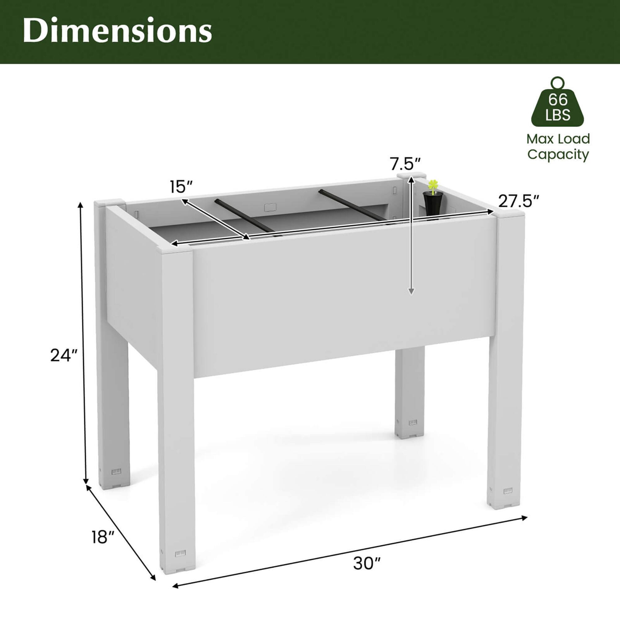 Dimensions: 66 LBS, 15" x 7.5" Max Load Capacity: 27.5" x 24" x 18" x 30"