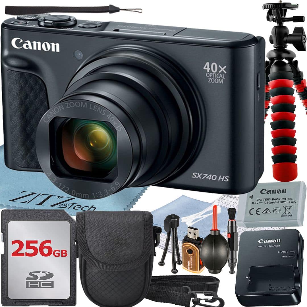 Canon - PowerShot SX740 HS Digital Camera with 256GB Card + ZeeTech Advanced Bundle (International Version) - Black