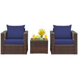 Costway - 3PCS Patio Rattan Furniture Set Conversation Sofa Cushioned - Navy