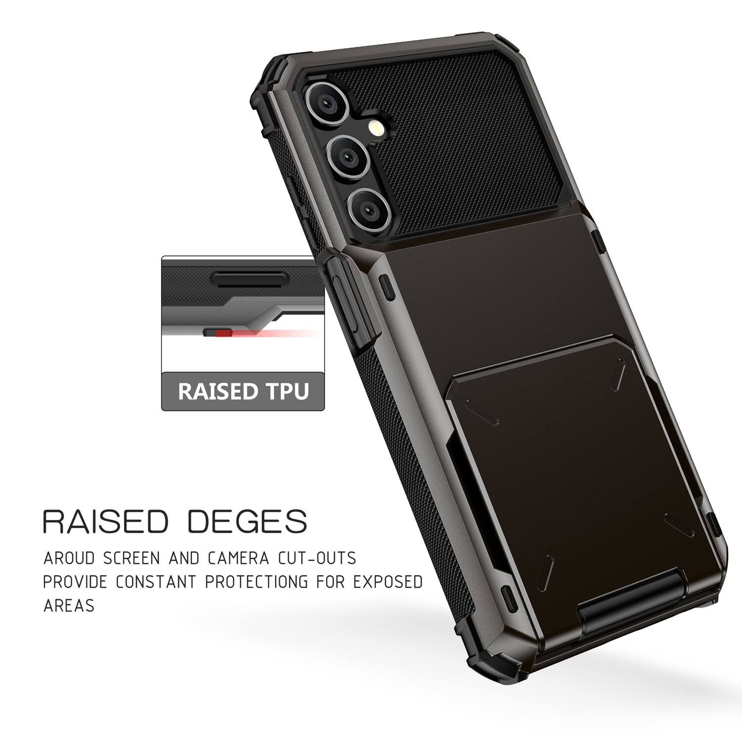 RAISED TPU RAISED DEGES AROUND SCREEN AND CAMERA CUT-OUTS PROVIDE CONSTANT PROTECTION FOR EXPOSED AREAS