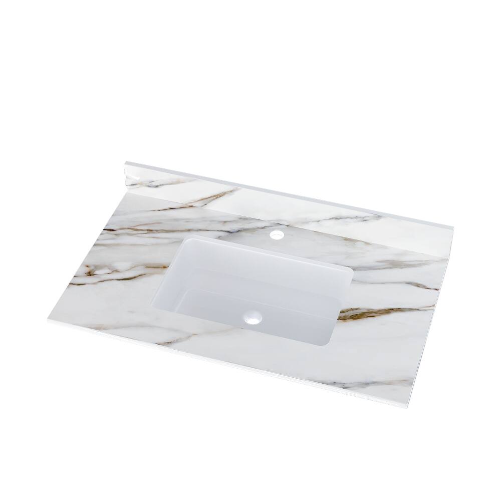 Alt View 2. Loheer - Loheer 37 inch marble vanity top Carrara white with veins - White.