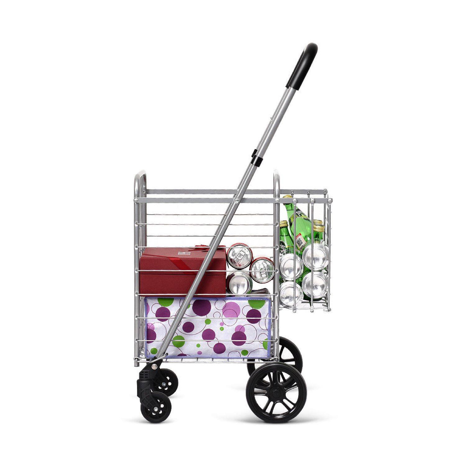 Alt View 3. Costway - Folding Shopping Cart Jumbo Basket Rolling Utility Trolley with Adjustable Handle - Silver.