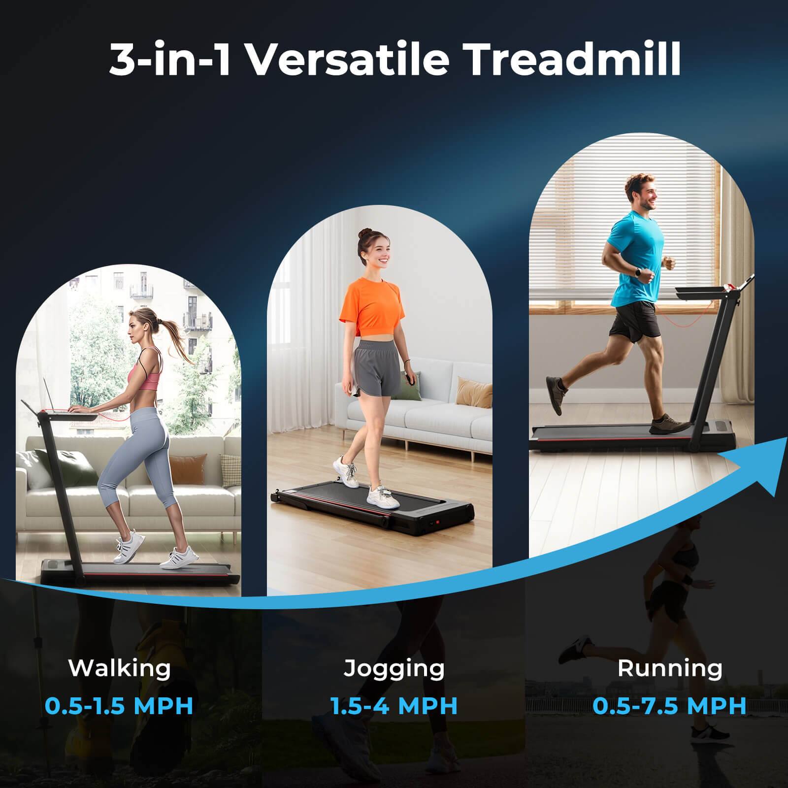 3-in-1 Versatile Treadmill

Walking  
0.5-1.5 MPH

Jogging  
1.5-4 MPH

Running  
0.5-7.5 MPH