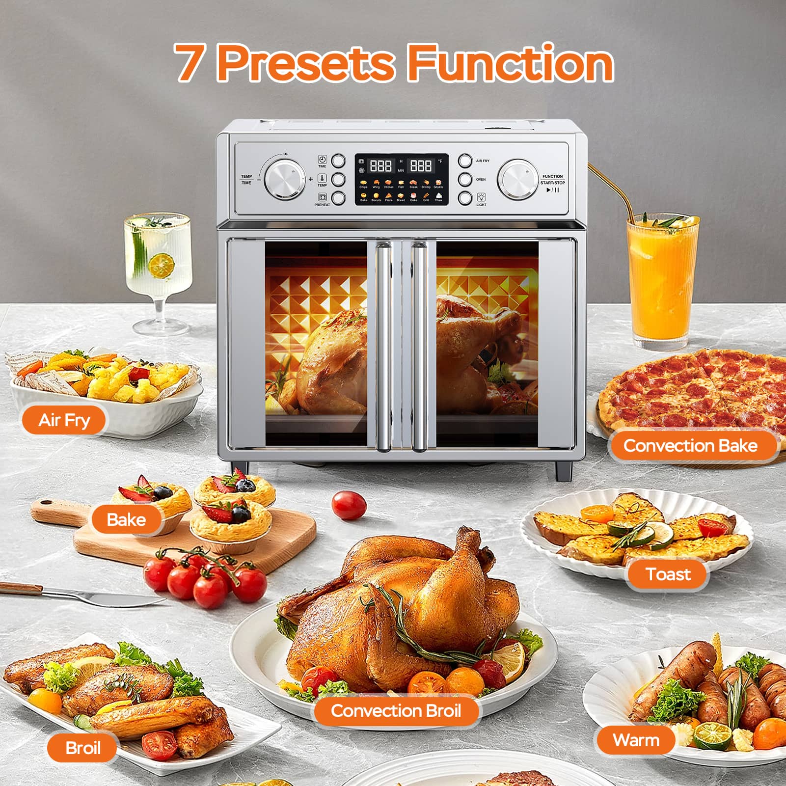 7 Presets Function

- Air Fry
- Bake
- Convection Broil
- Broil
- Convection Bake
- Toast
- Warm