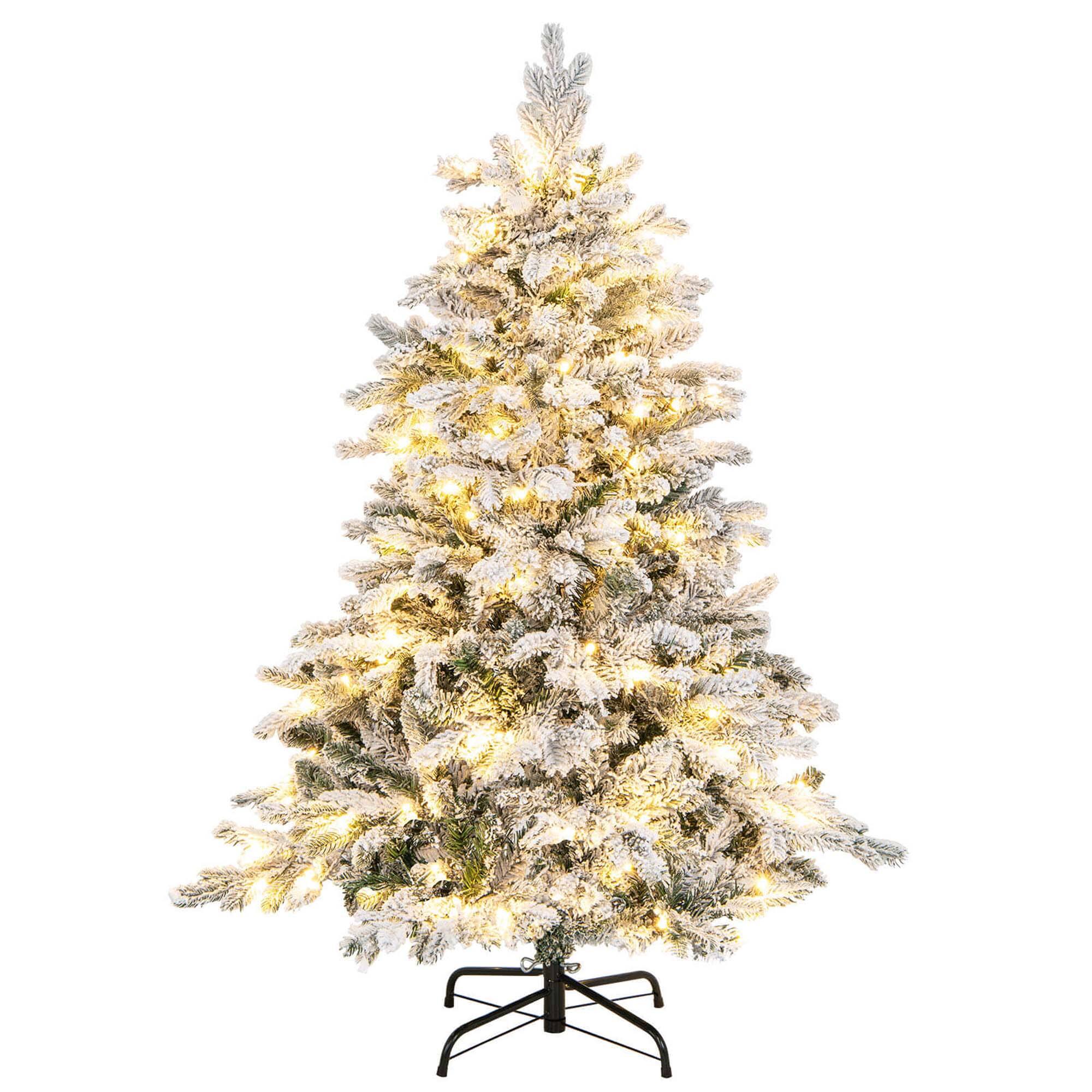 Costway - 4.5 FT Pre-Lit Flocked Christmas Tree Hinged w/ 120 LED Lights & 757 Branch Tips - Green,White