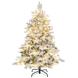 Costway - 4.5 FT Pre-Lit Flocked Christmas Tree Hinged w/ 120 LED Lights & 757 Branch Tips - Green,White