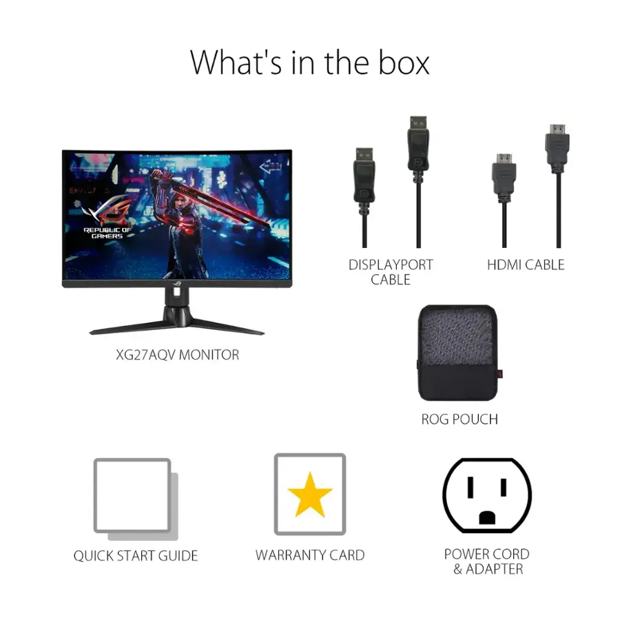 What's in the box:

1. DisplayPort Cable
2. HDMI Cable
3. XG27AQV Monitor
4. ROG Pouch
5. Quick Start Guide
6. Warranty Card
7. Power Cord & Adapter
