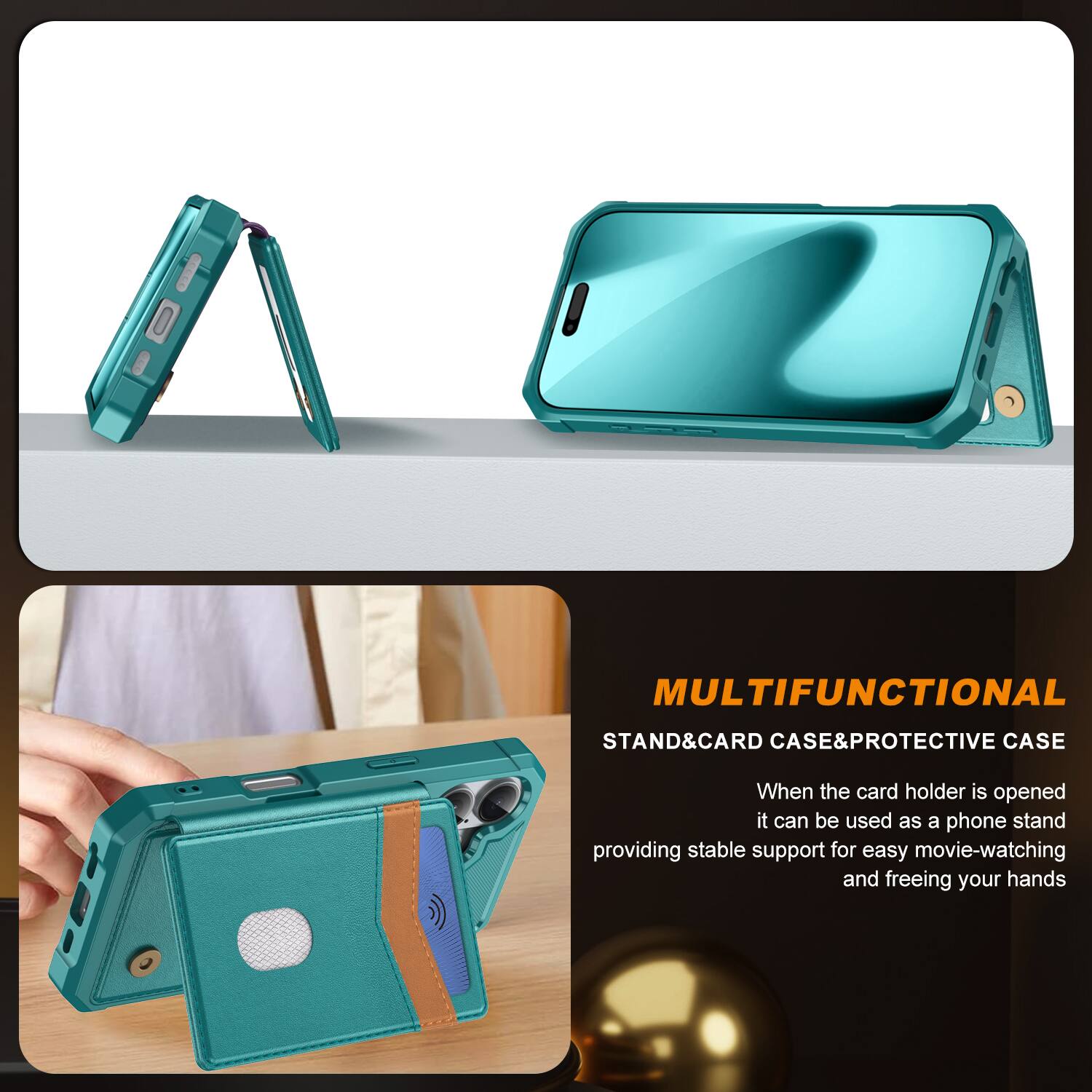 MULTIFUNCTIONAL STAND & CARD CASE & PROTECTIVE CASE

When the card holder is opened, it can be used as a phone stand, providing stable support for easy movie-watching and freeing your hands.