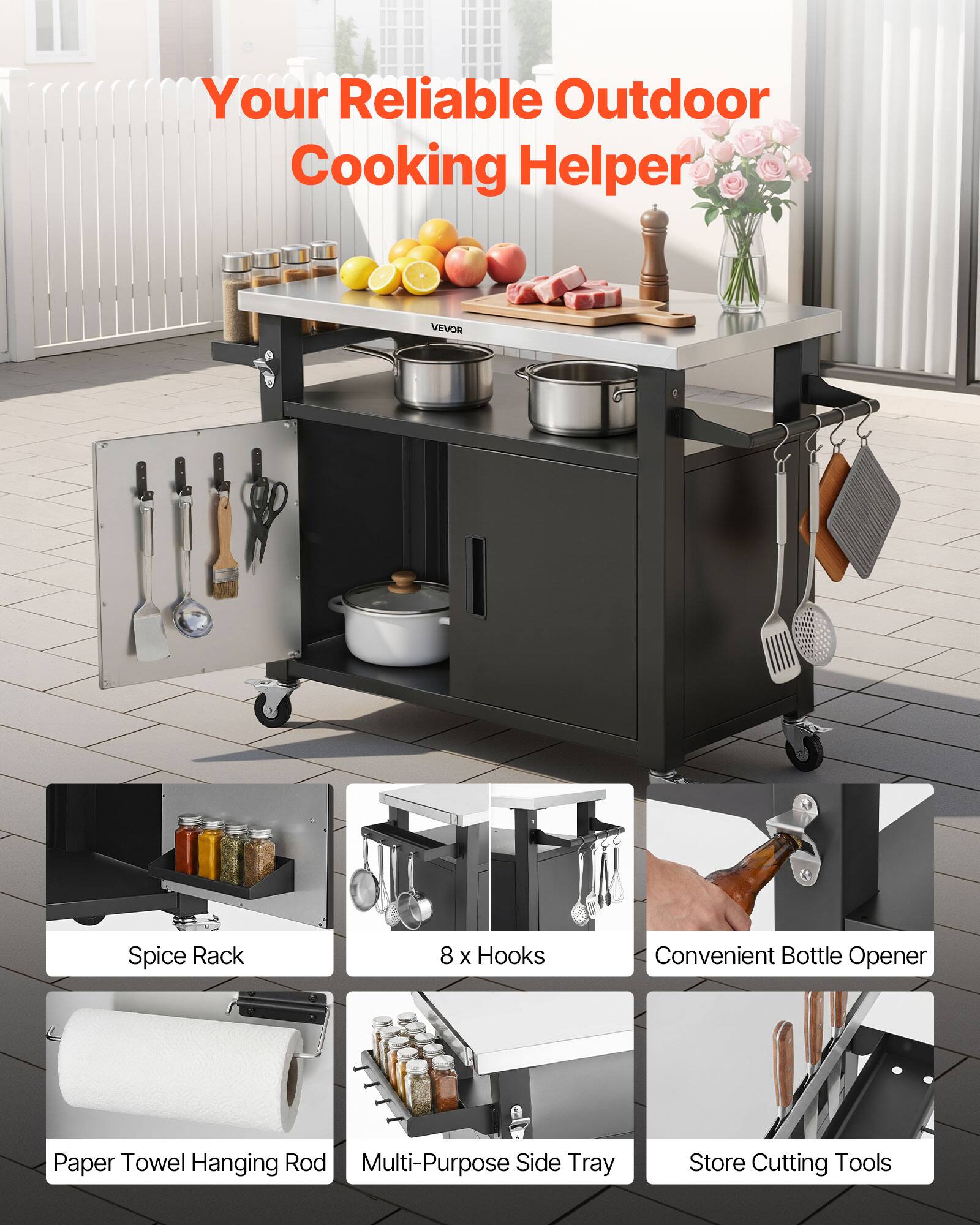 Your Reliable Outdoor Cooking Helper

VEVOR Spice Rack
8 x Hooks
Convenient Bottle Opener
Paper Towel Hanging Rod
Multi-Purpose Side Tray
Store Cutting Tools