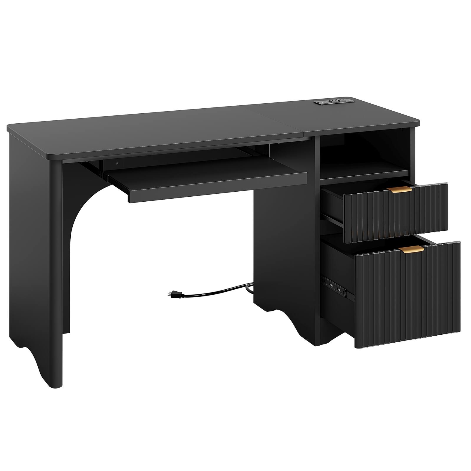 Angle. Bestier - 55-inch Double Drawer Desk with USB Charging Ports & Keyboard Tray - Black.