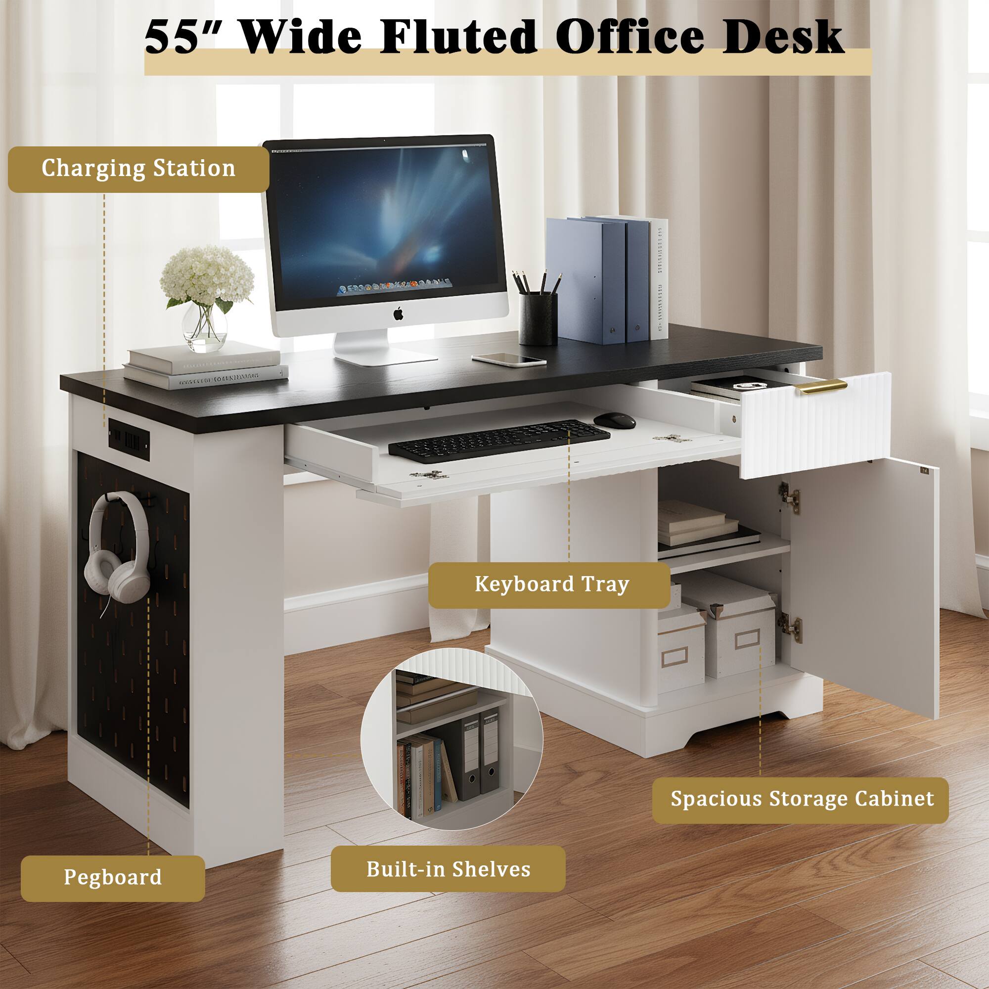 55" Wide Fluted Office Desk Charging Station SACE BAMIS ONTST11 | 52" Keyboard Tray Spacious Storage Cabinet Pegboard Built-in Shelves