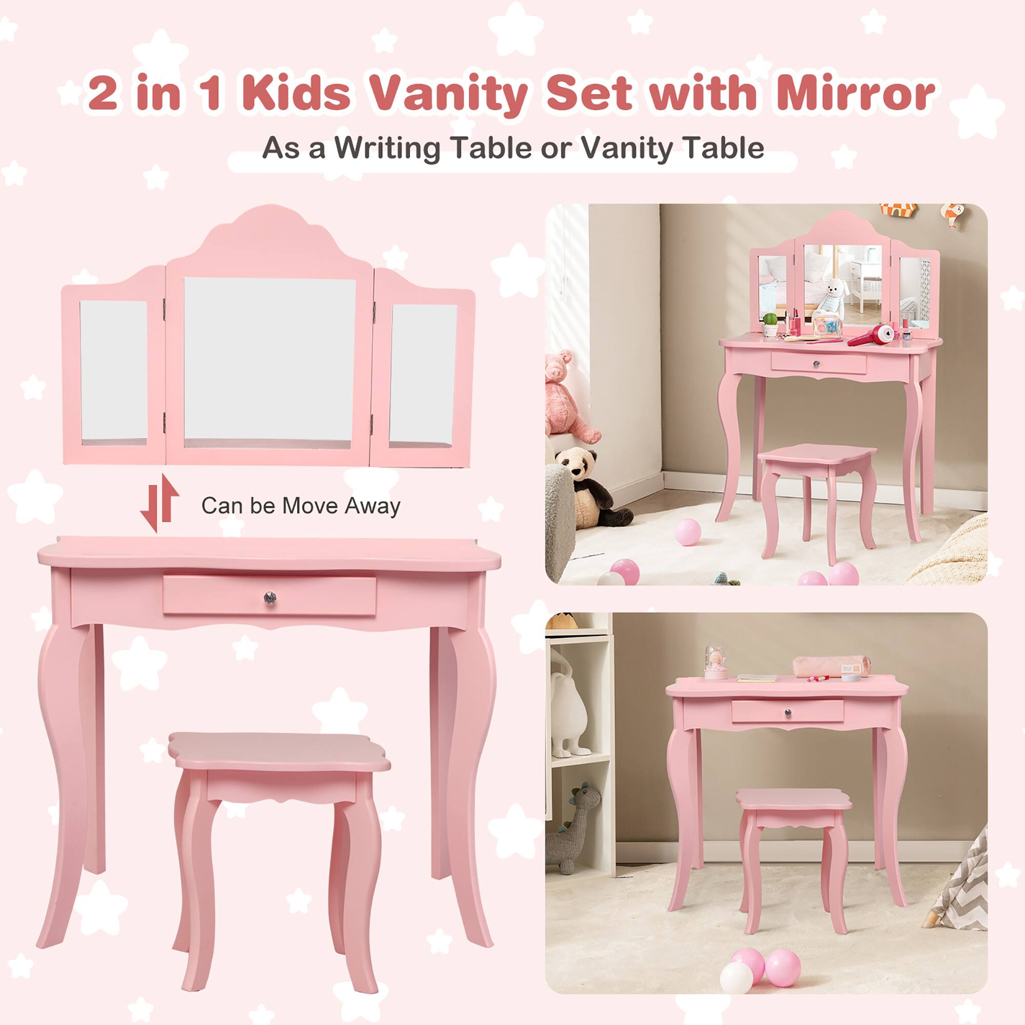 2 in 1 Kids Vanity Set with Mirror
As a Writing Table or Vanity Table
R5222
Can be Move Away