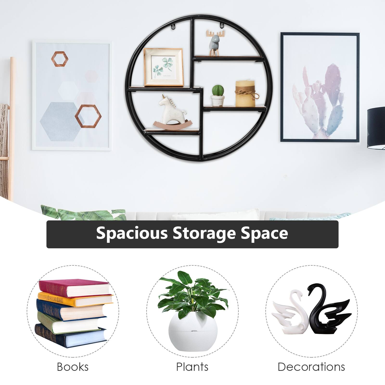Spacious Storage Space: Books, Plants, Decorations