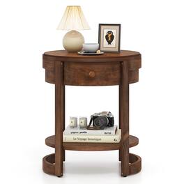 Gymax - 2-Tier Nightstand w/ Shelf & Wood Grains Drawer Round End Table for Living Room - Brown
