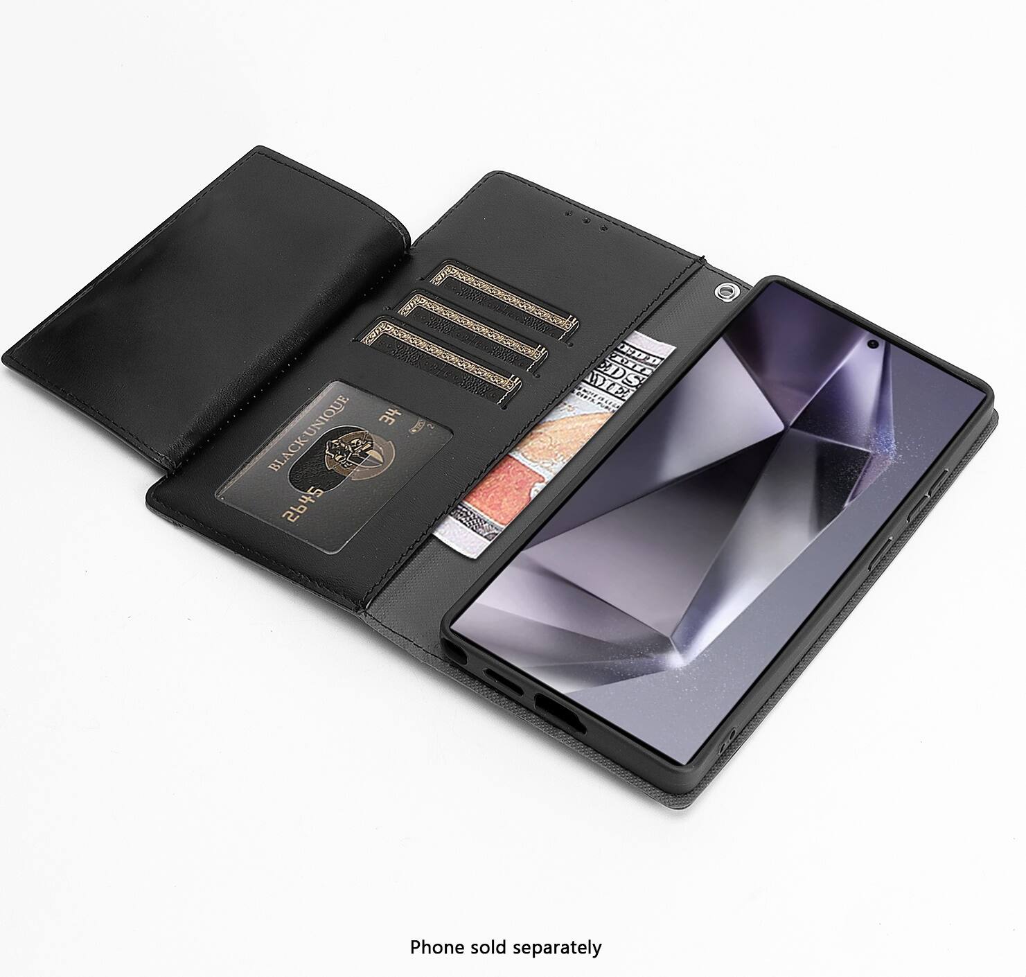 The image features a black wallet with a phone and a card inside. The wallet is open, revealing the phone and the card. The phone is placed on top of the wallet, and the card is positioned in the middle of the wallet. The wallet is described as being black and unique, and the phone is sold separately.