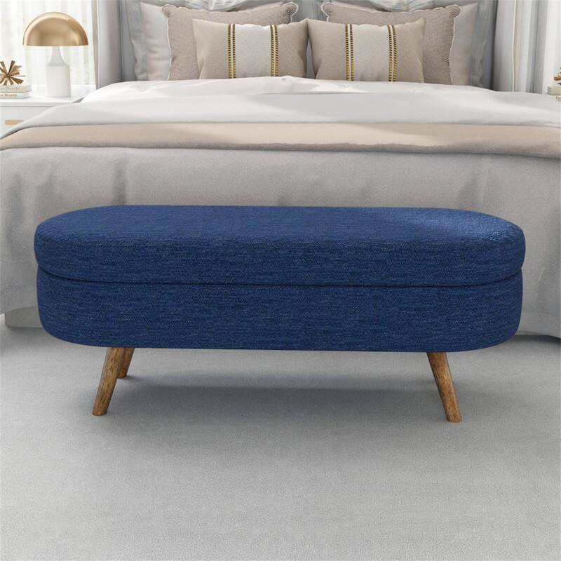 Alt View 1. HTUTWOO - 43.5" Ottoman Storage Bench - Oval Upholstered Linen Fabric Footrest Bench with Wood Legs, End of Bed for Living Room - Blue.